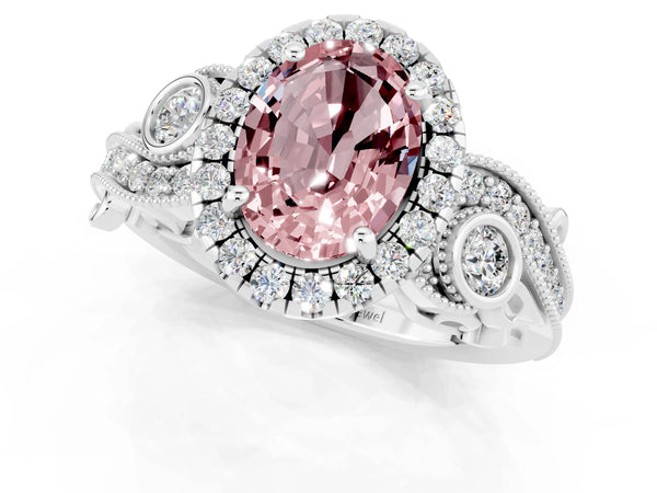 Platinum Oval Cut Morganite Halo Ring with Milgrain Pavé Band and Four-Prong Setting