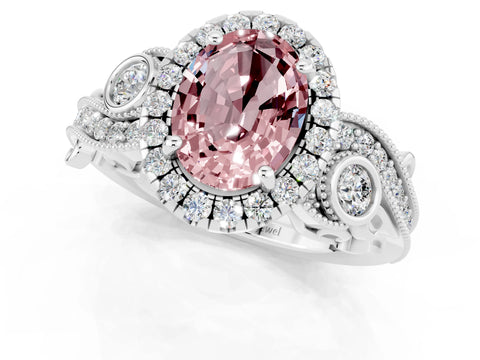 White gold Oval Cut Morganite Halo Ring with Milgrain Pavé Band and Four-Prong Setting_13