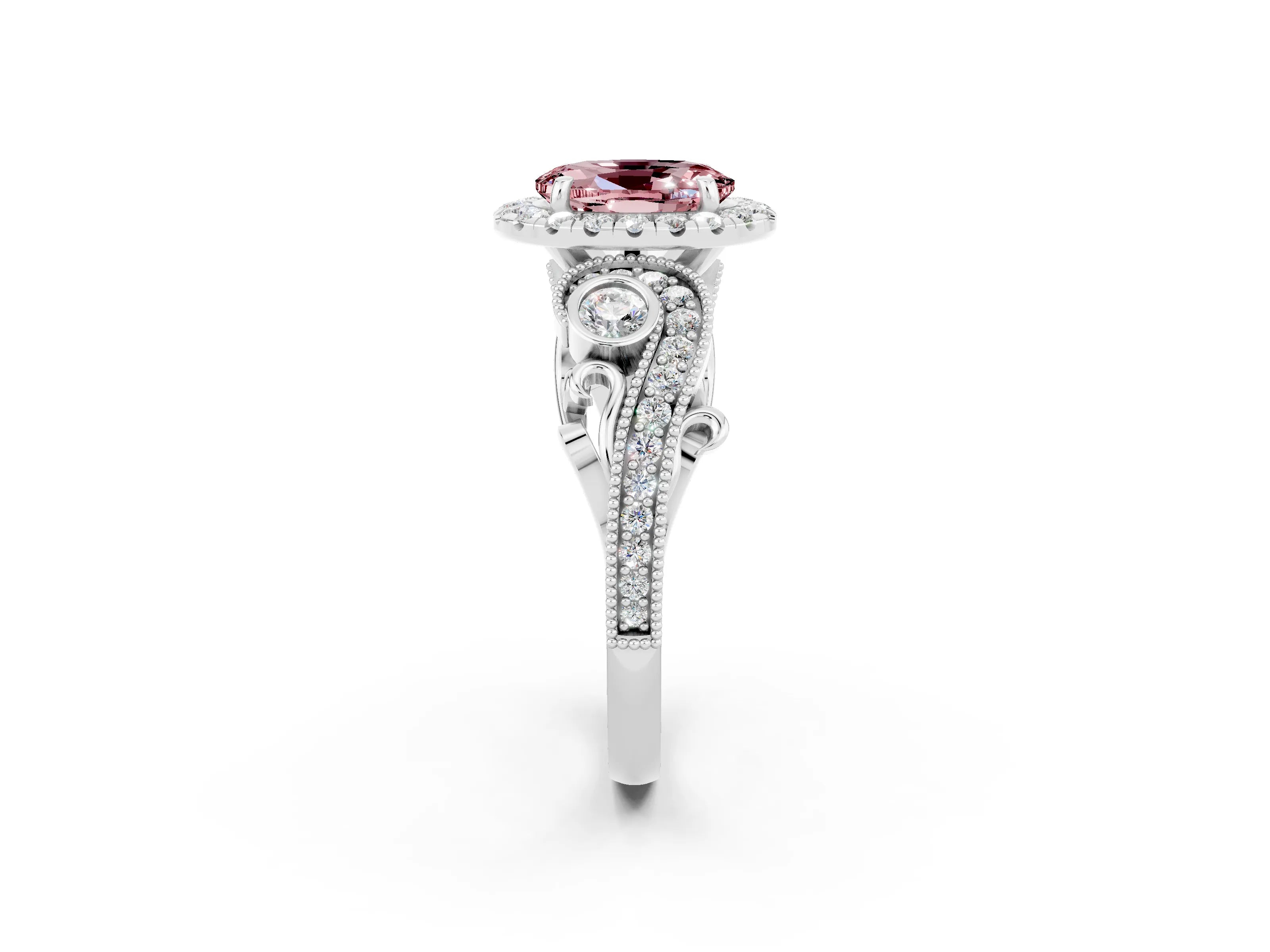 White gold Oval Cut Morganite Halo Ring with Milgrain Pavé Band and Four-Prong Setting_14