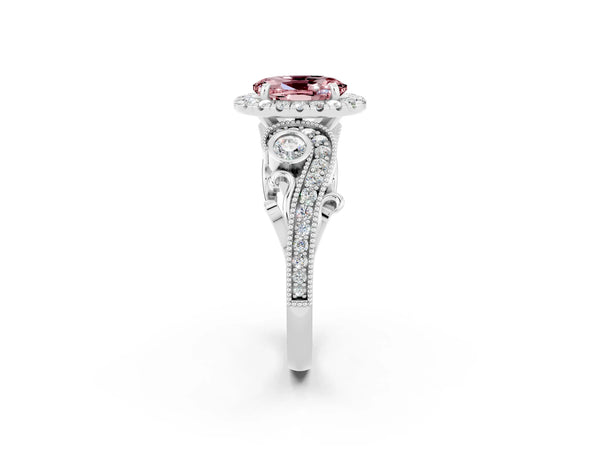 Silver Oval Cut Morganite Halo Ring with Milgrain Pavé Band and Four-Prong Setting