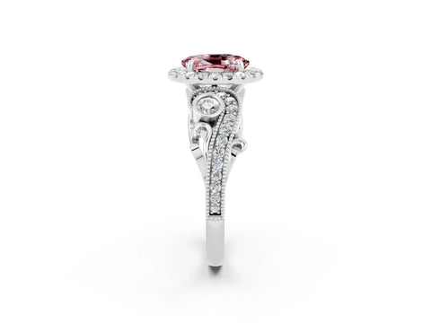 White gold Oval Cut Morganite Halo Ring with Milgrain Pavé Band and Four-Prong Setting_14