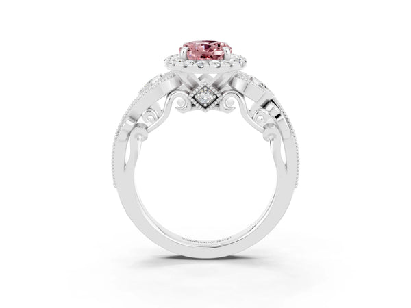 Platinum Oval Cut Morganite Halo Ring with Milgrain Pavé Band and Four-Prong Setting