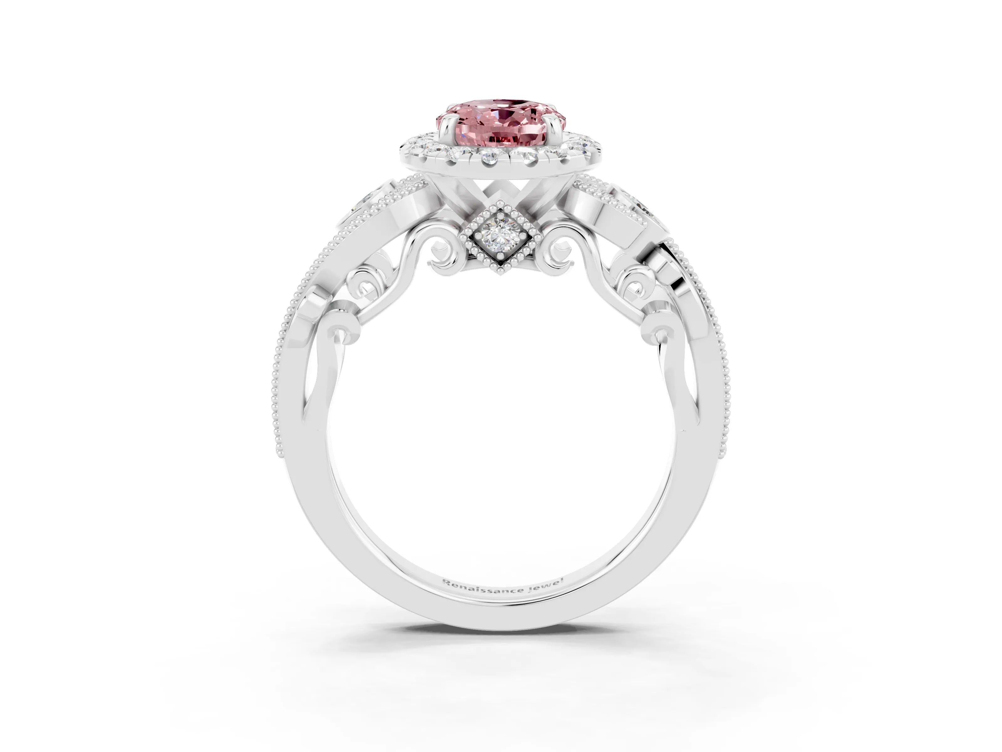 White gold Oval Cut Morganite Halo Ring with Milgrain Pavé Band and Four-Prong Setting_15