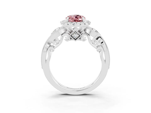 White gold Oval Cut Morganite Halo Ring with Milgrain Pavé Band and Four-Prong Setting_15