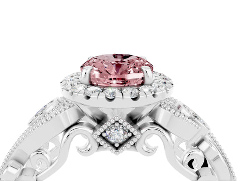 White gold Oval Cut Morganite Halo Ring with Milgrain Pavé Band and Four-Prong Setting_16