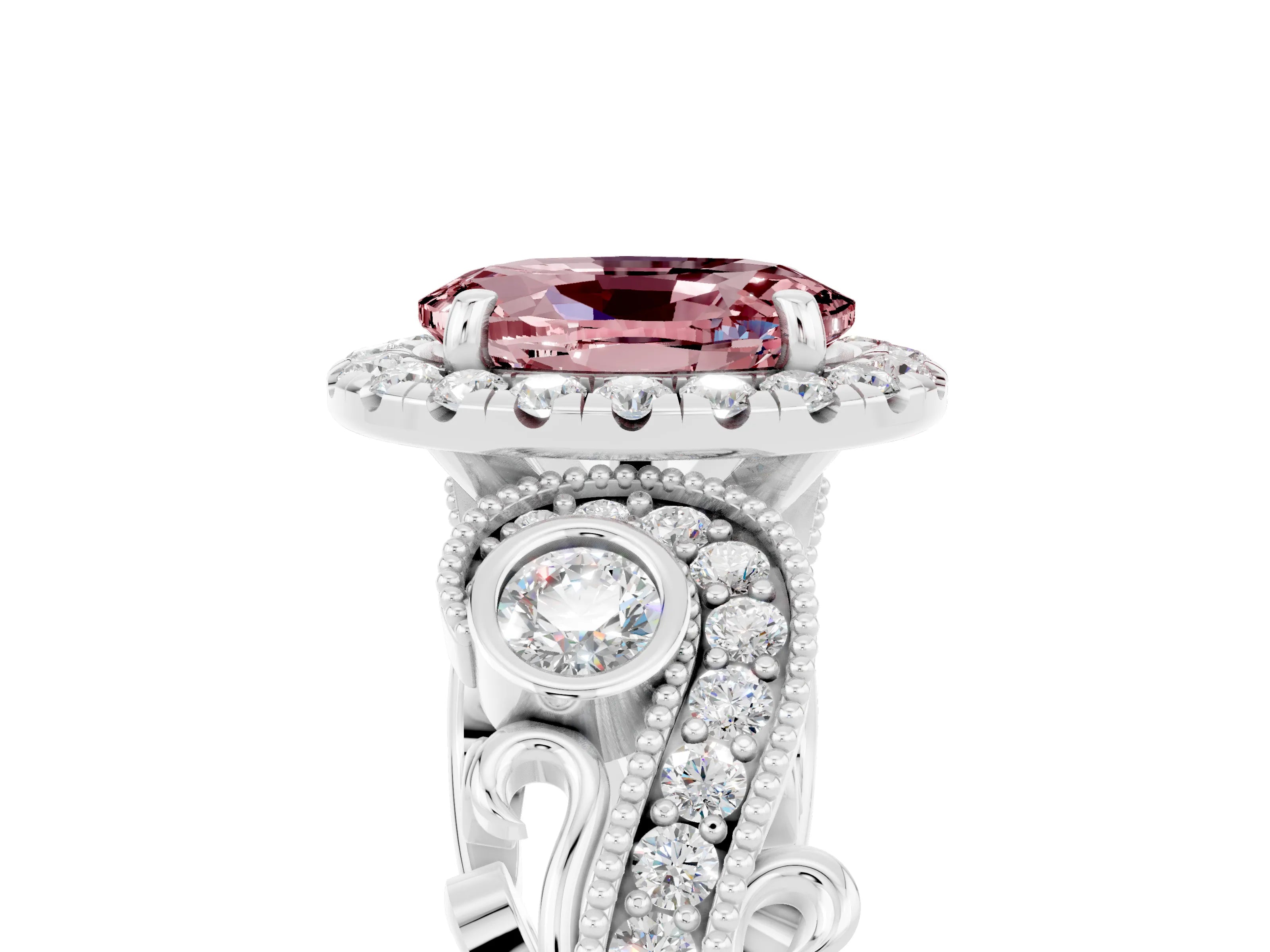 White gold Oval Cut Morganite Halo Ring with Milgrain Pavé Band and Four-Prong Setting_17