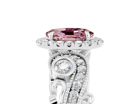 White gold Oval Cut Morganite Halo Ring with Milgrain Pavé Band and Four-Prong Setting_17