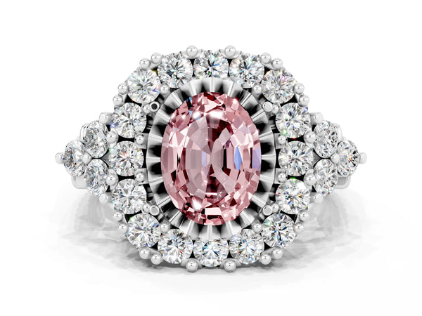 Platinum Oval Cut Morganite Halo Ring with Pavé Band and Four-Prong Setting