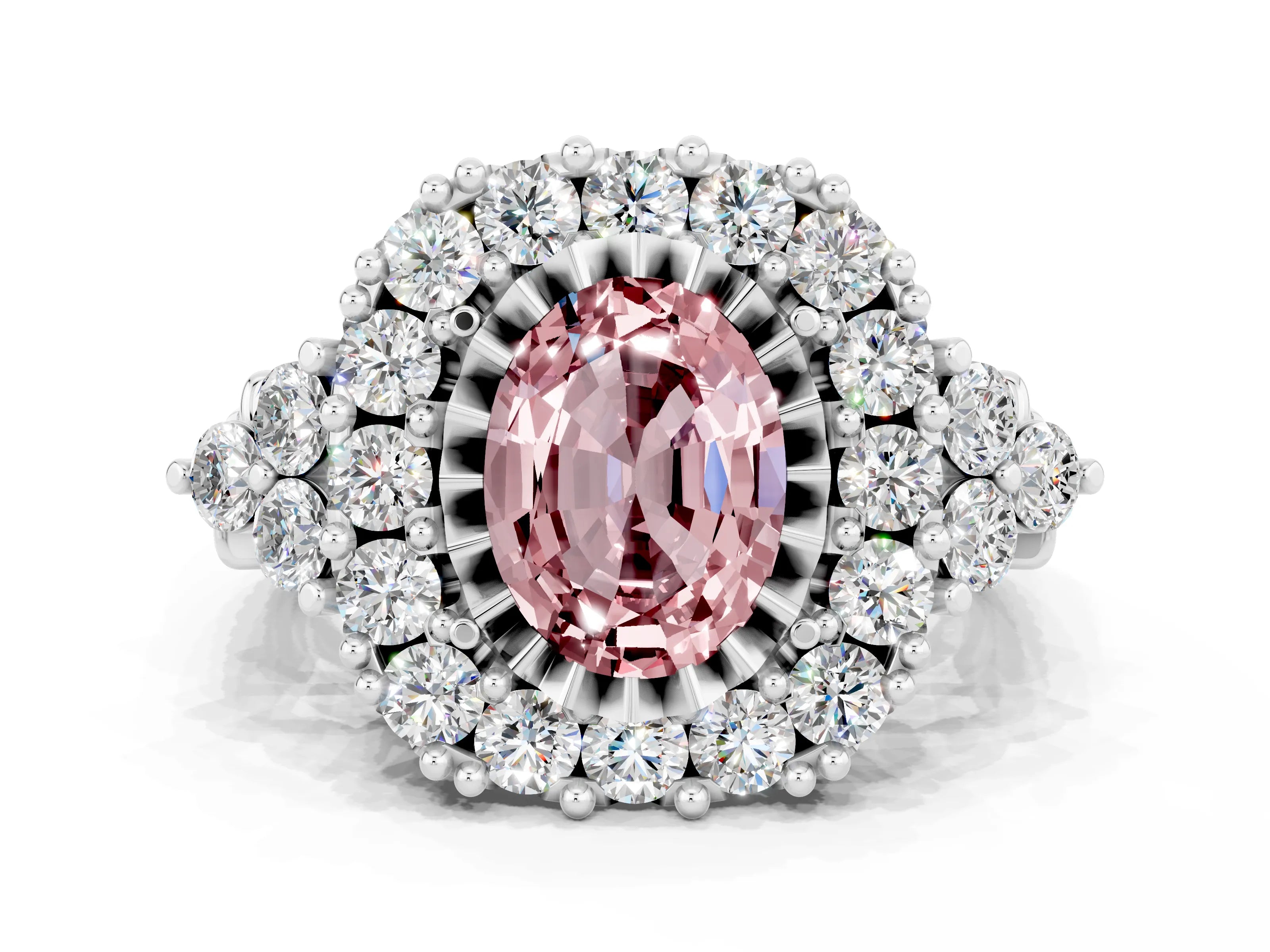 White gold Oval Cut Morganite Halo Ring with Pavé Band and Four-Prong Setting_12