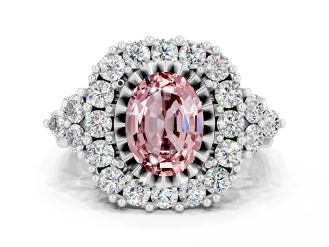 White gold Oval Cut Morganite Halo Ring with Pavé Band and Four-Prong Setting_12