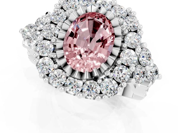 Platinum Oval Cut Morganite Halo Ring with Pavé Band and Four-Prong Setting
