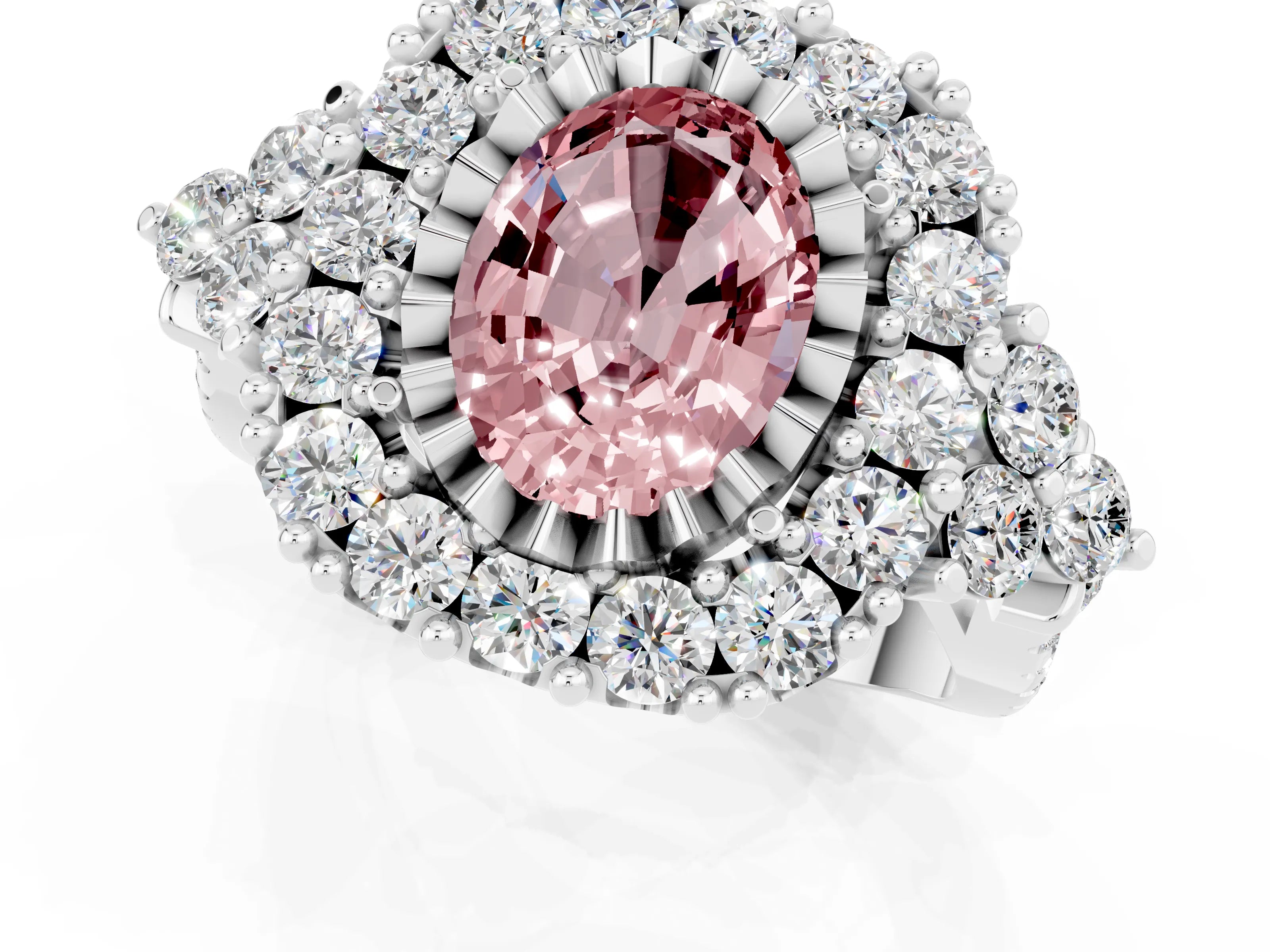 White gold Oval Cut Morganite Halo Ring with Pavé Band and Four-Prong Setting_13