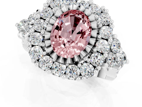 White gold Oval Cut Morganite Halo Ring with Pavé Band and Four-Prong Setting_13