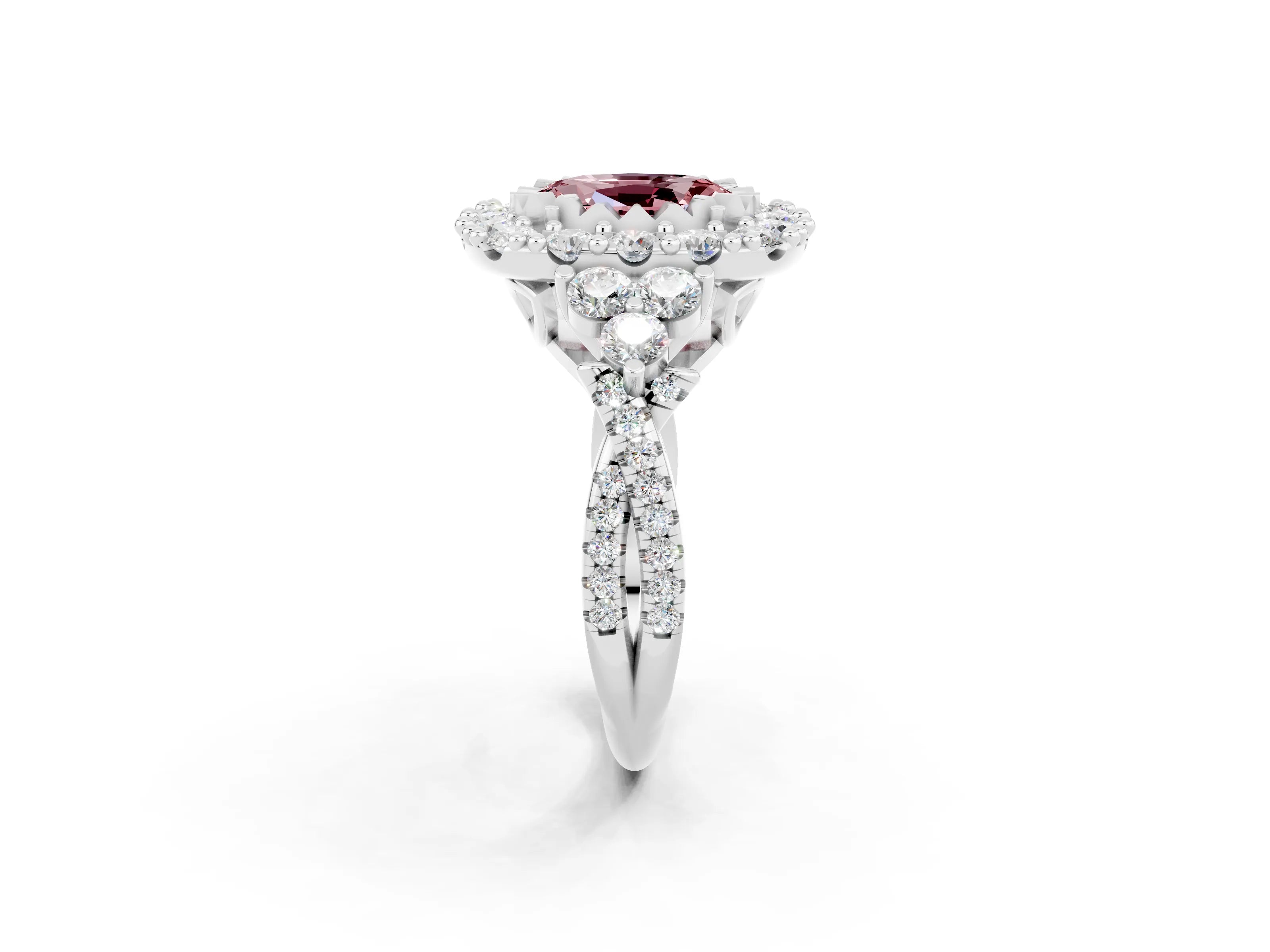 White gold Oval Cut Morganite Halo Ring with Pavé Band and Four-Prong Setting_14