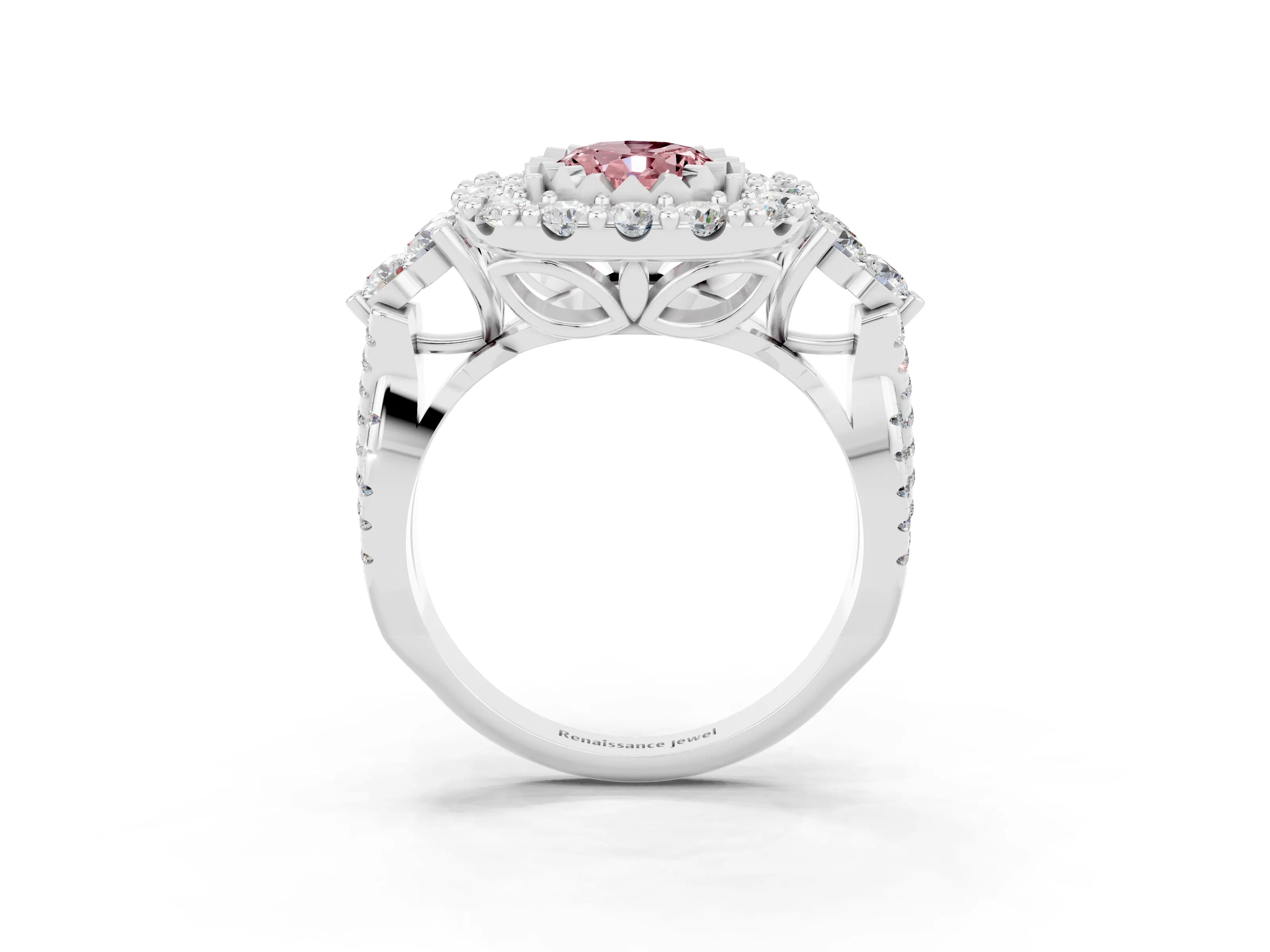 White gold Oval Cut Morganite Halo Ring with Pavé Band and Four-Prong Setting_15