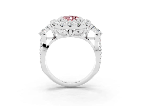 Silver Oval Cut Morganite Halo Ring with Pavé Band and Four-Prong Setting