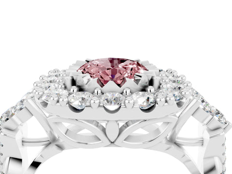 White gold Oval Cut Morganite Halo Ring with Pavé Band and Four-Prong Setting_16