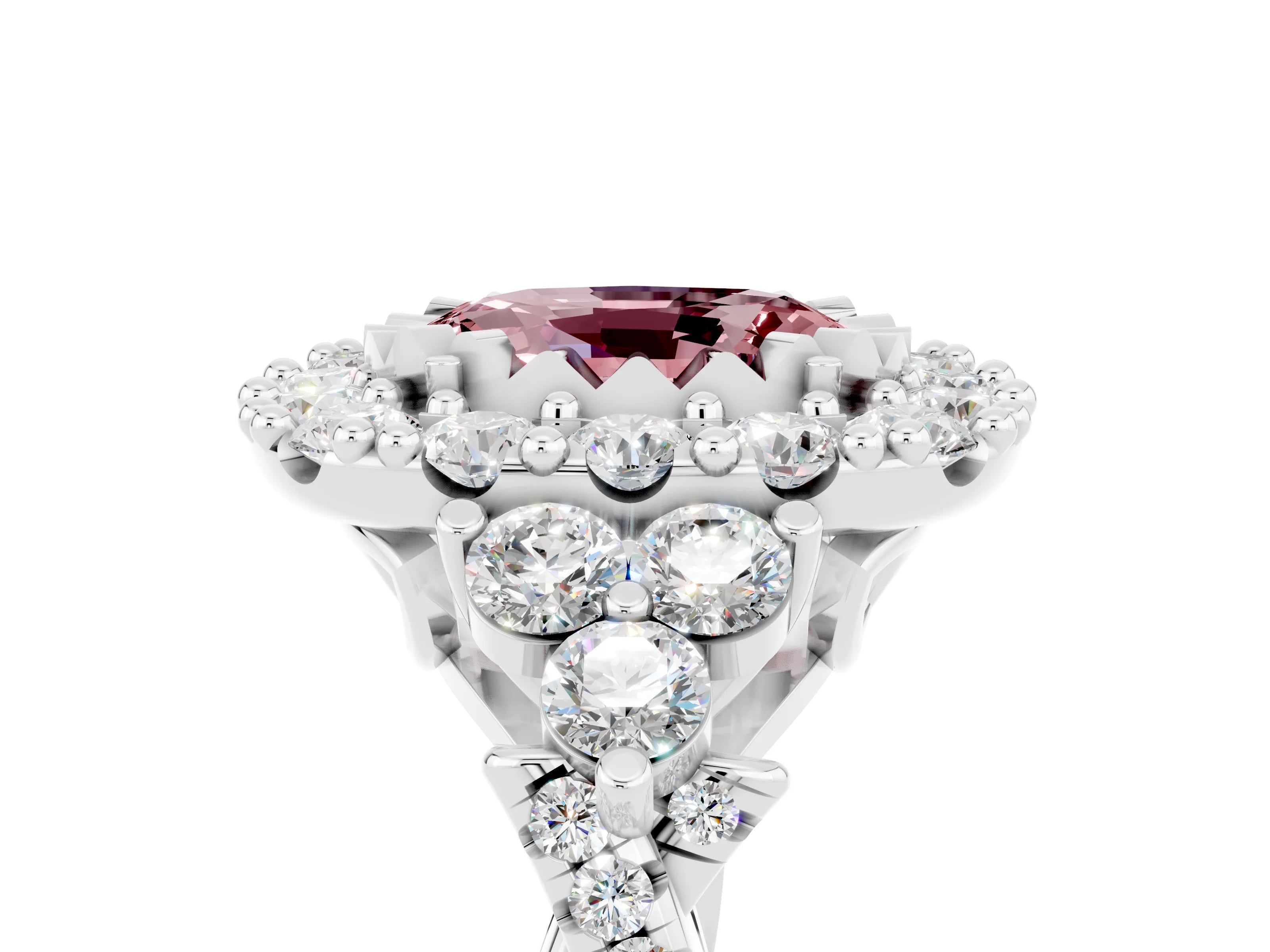 White gold Oval Cut Morganite Halo Ring with Pavé Band and Four-Prong Setting_17