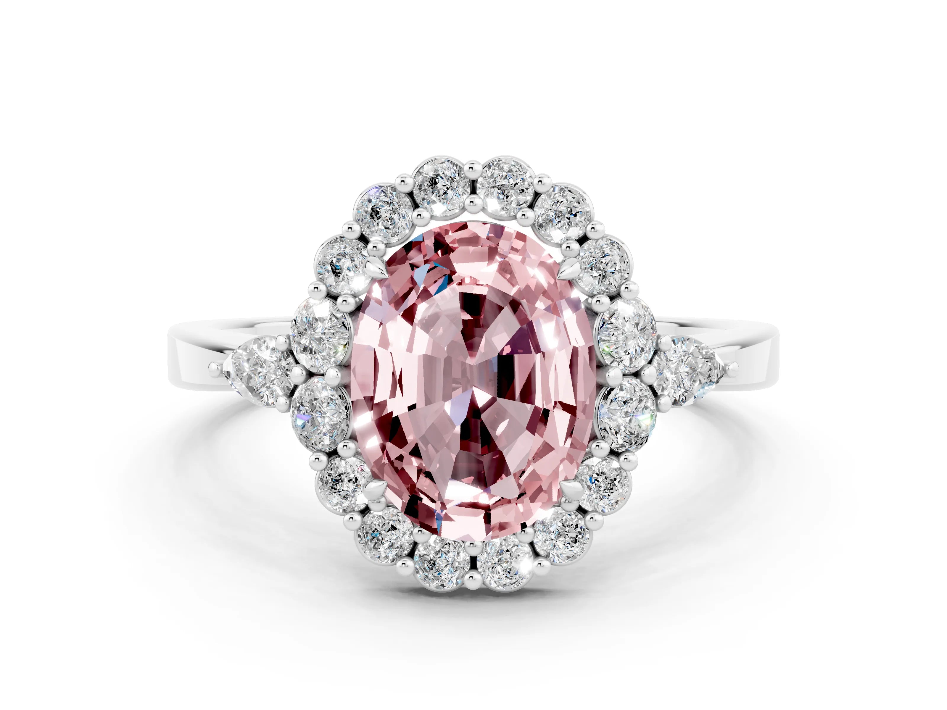 White gold Oval Cut Morganite Halo Ring with Pear Side Stones and Prong Setting_24