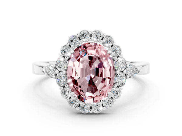 Silver Oval Cut Morganite Halo Ring with Pear Side Stones and Prong Setting