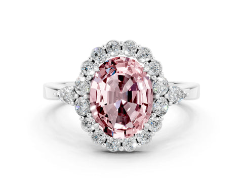 White gold Oval Cut Morganite Halo Ring with Pear Side Stones and Prong Setting_24