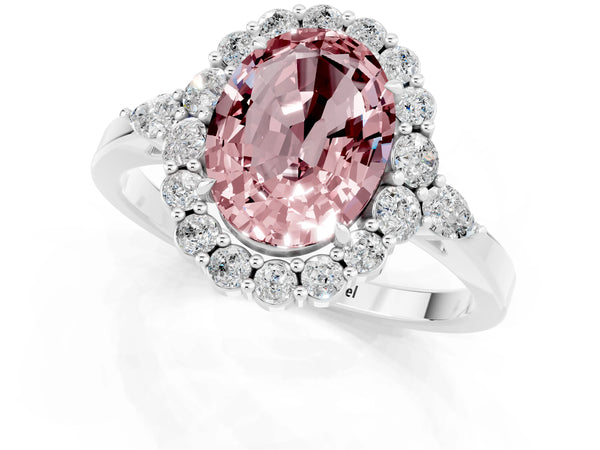 Platinum Oval Cut Morganite Halo Ring with Pear Side Stones and Prong Setting