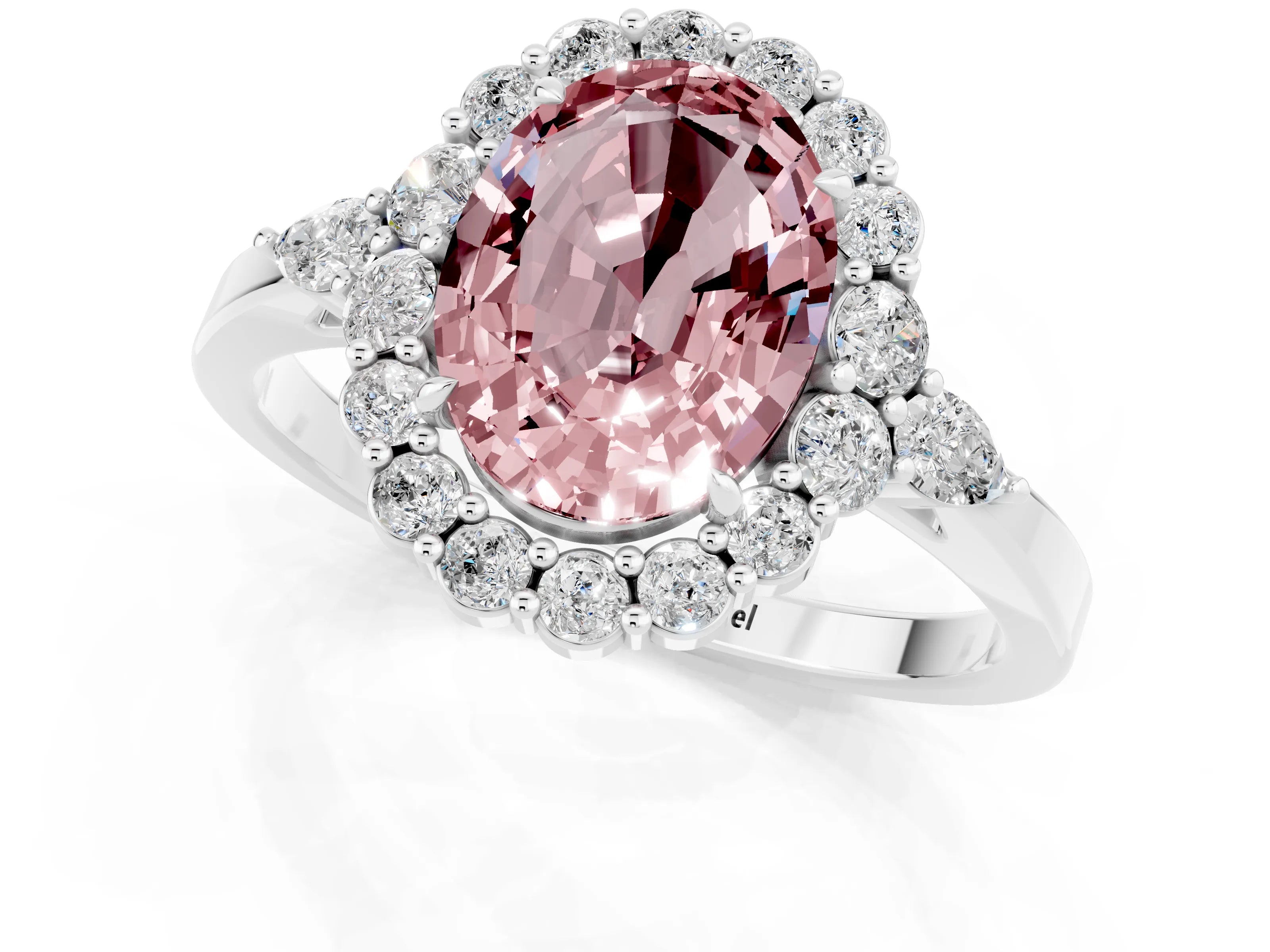 White gold Oval Cut Morganite Halo Ring with Pear Side Stones and Prong Setting_25