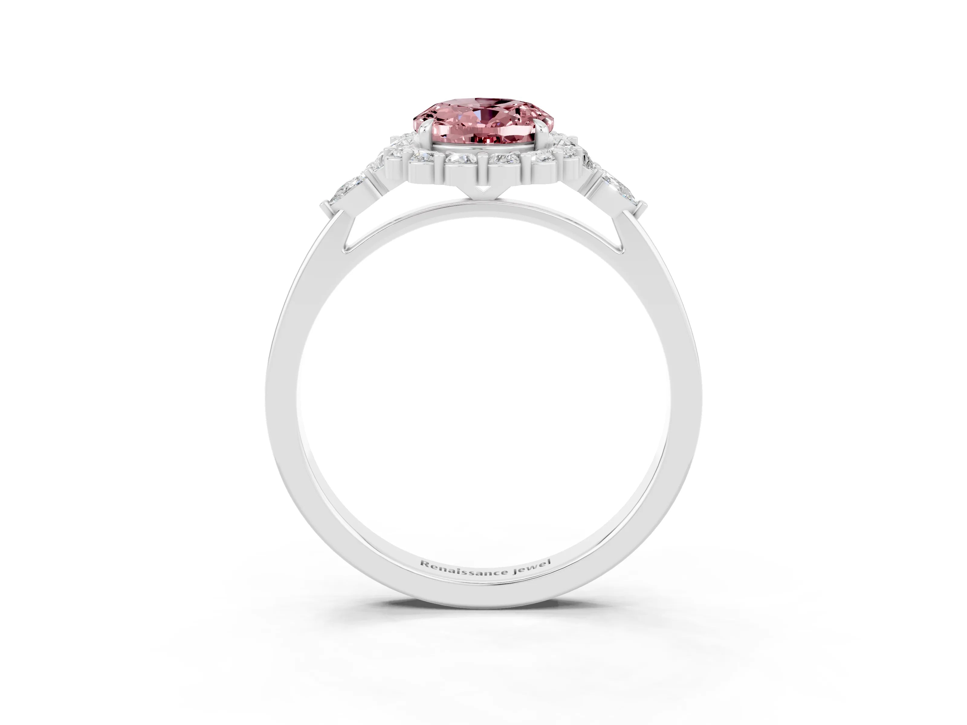 White gold Oval Cut Morganite Halo Ring with Pear Side Stones and Prong Setting_27