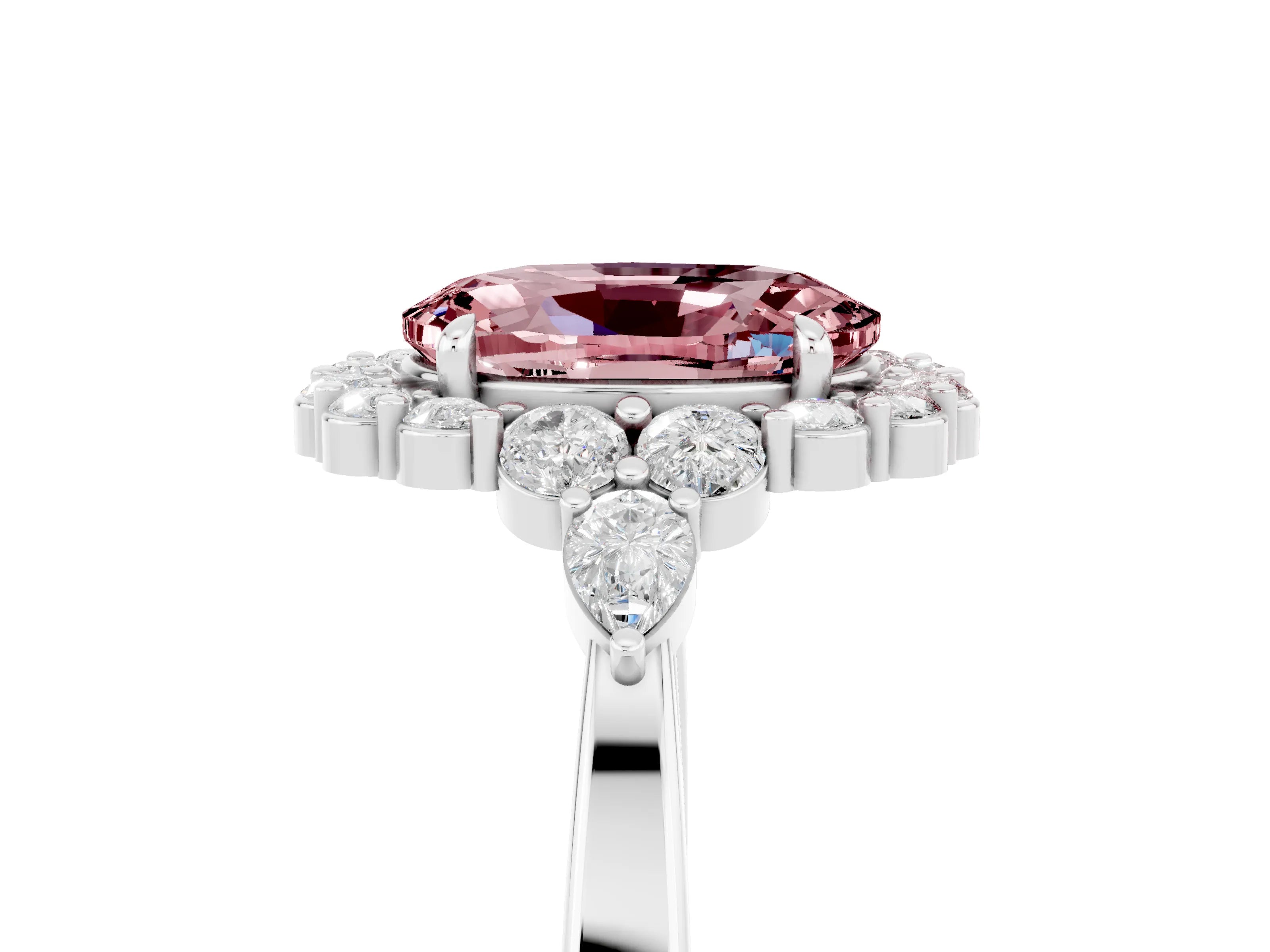 White gold Oval Cut Morganite Halo Ring with Pear Side Stones and Prong Setting_29