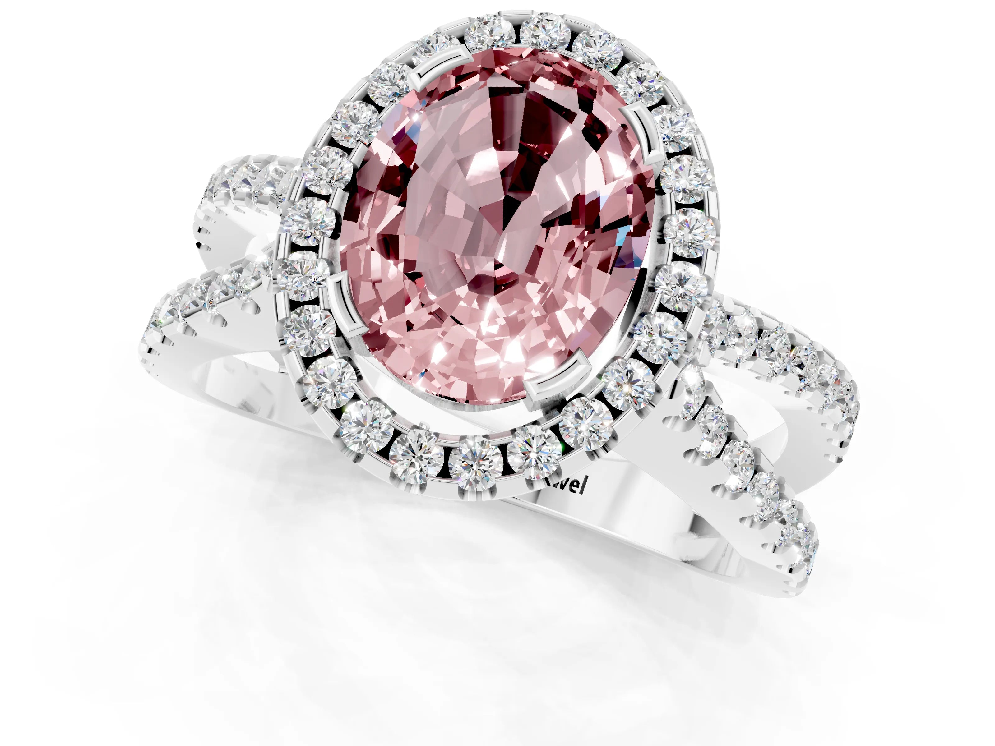 White gold Oval Cut Morganite Halo Ring with Split Shank Pavé Band and Prong Setting_1