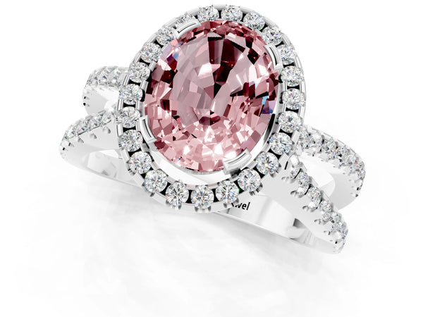 Silver Oval Cut Morganite Halo Ring with Split Shank Pavé Band and Prong Setting