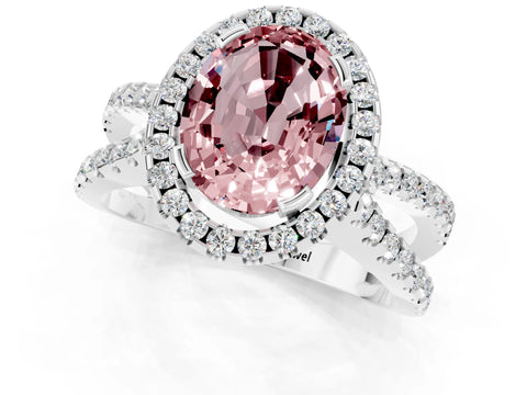 White gold Oval Cut Morganite Halo Ring with Split Shank Pavé Band and Prong Setting_1