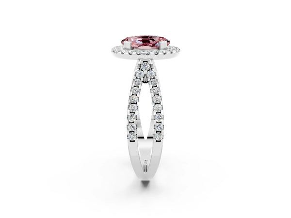 Platinum Oval Cut Morganite Halo Ring with Split Shank Pavé Band and Prong Setting