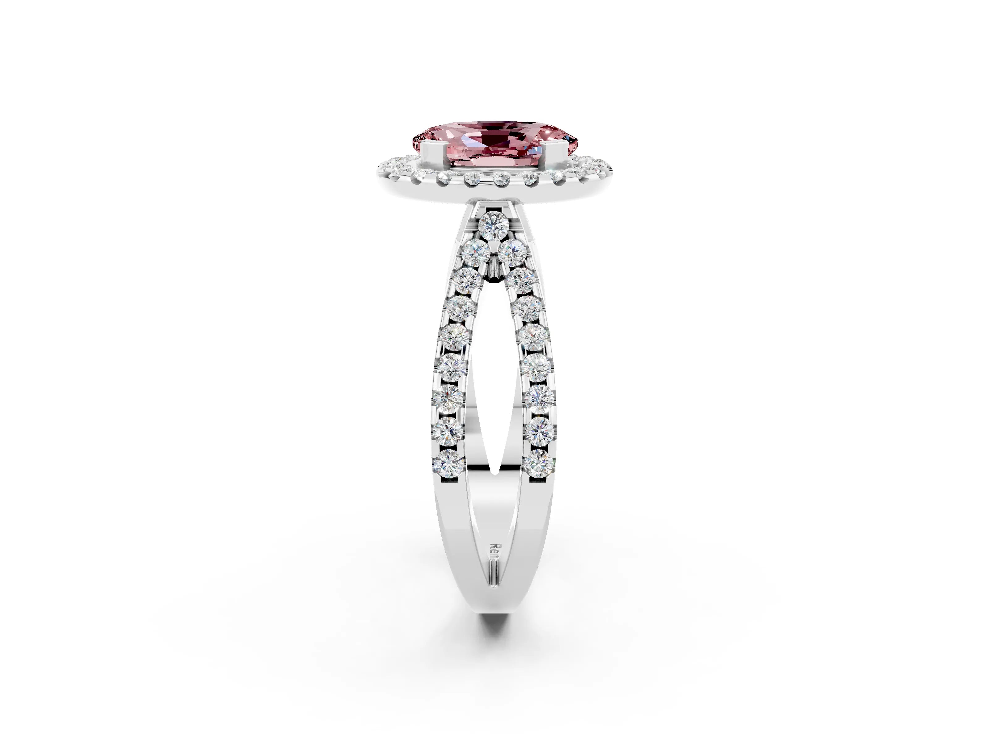 White gold Oval Cut Morganite Halo Ring with Split Shank Pavé Band and Prong Setting_2