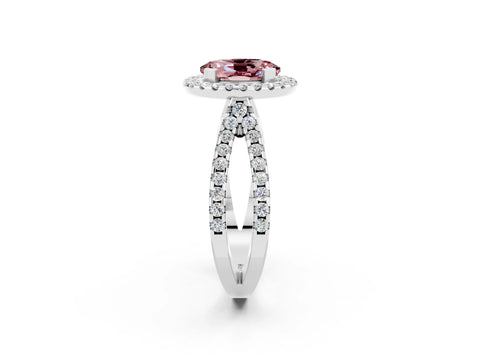 White gold Oval Cut Morganite Halo Ring with Split Shank Pavé Band and Prong Setting_2