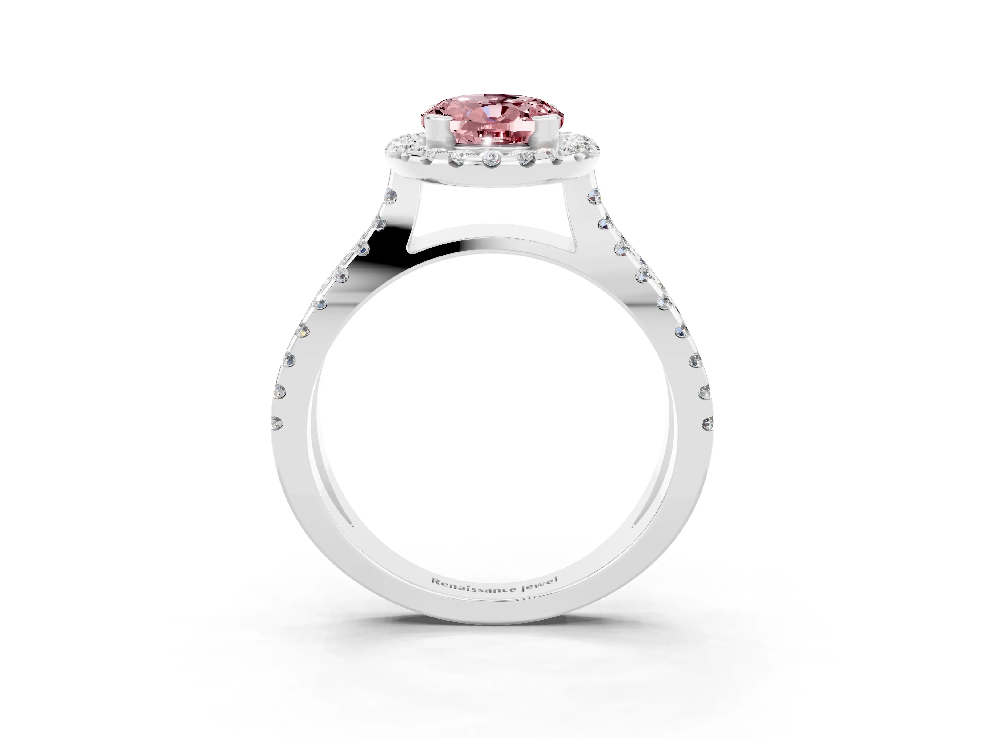 White gold Oval Cut Morganite Halo Ring with Split Shank Pavé Band and Prong Setting_3