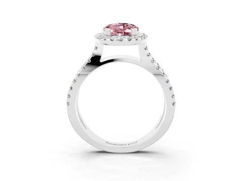 White gold Oval Cut Morganite Halo Ring with Split Shank Pavé Band and Prong Setting_3