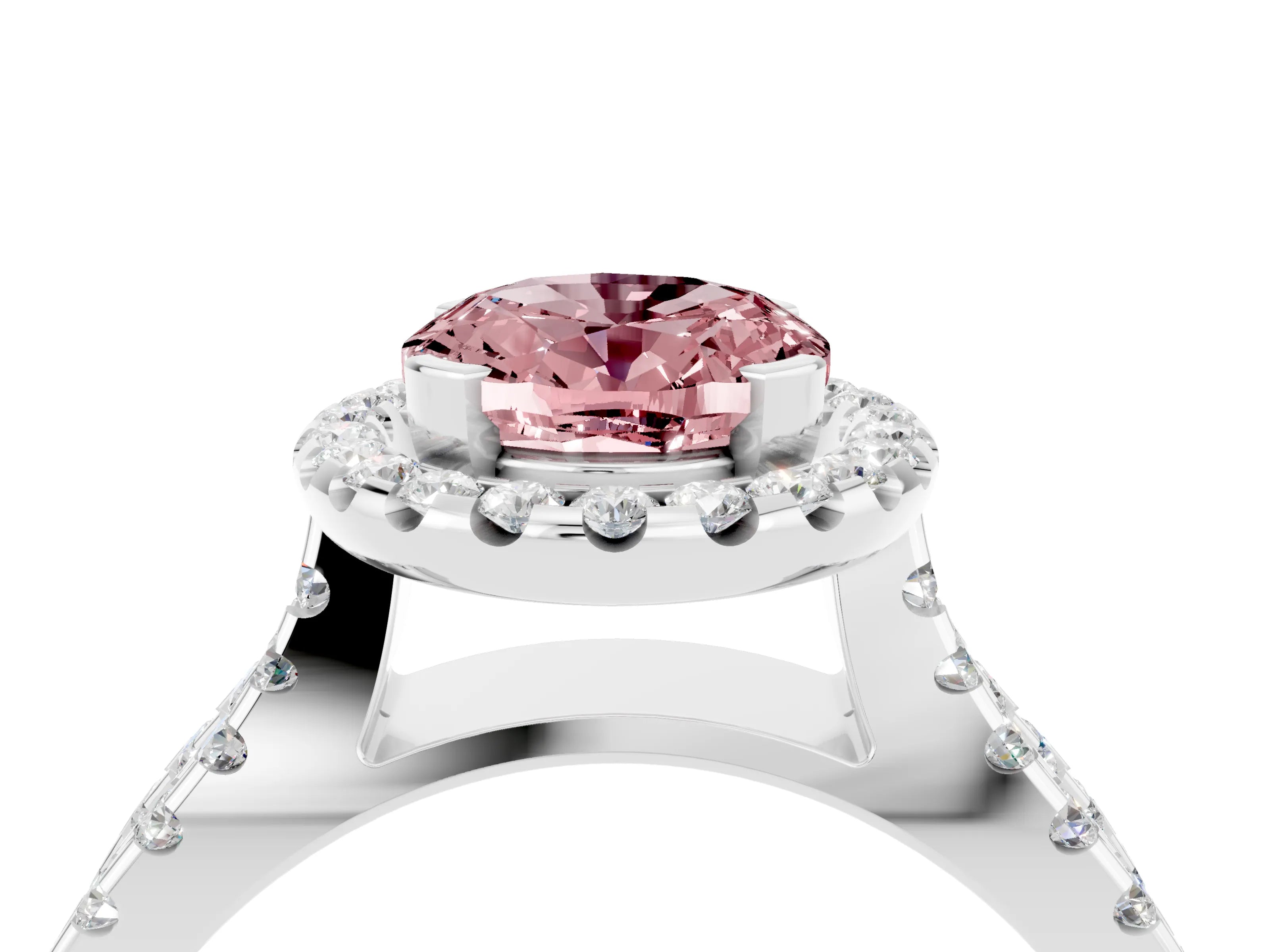 White gold Oval Cut Morganite Halo Ring with Split Shank Pavé Band and Prong Setting_4