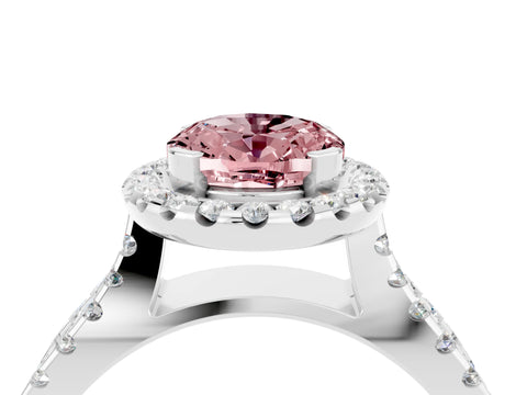 White gold Oval Cut Morganite Halo Ring with Split Shank Pavé Band and Prong Setting_4