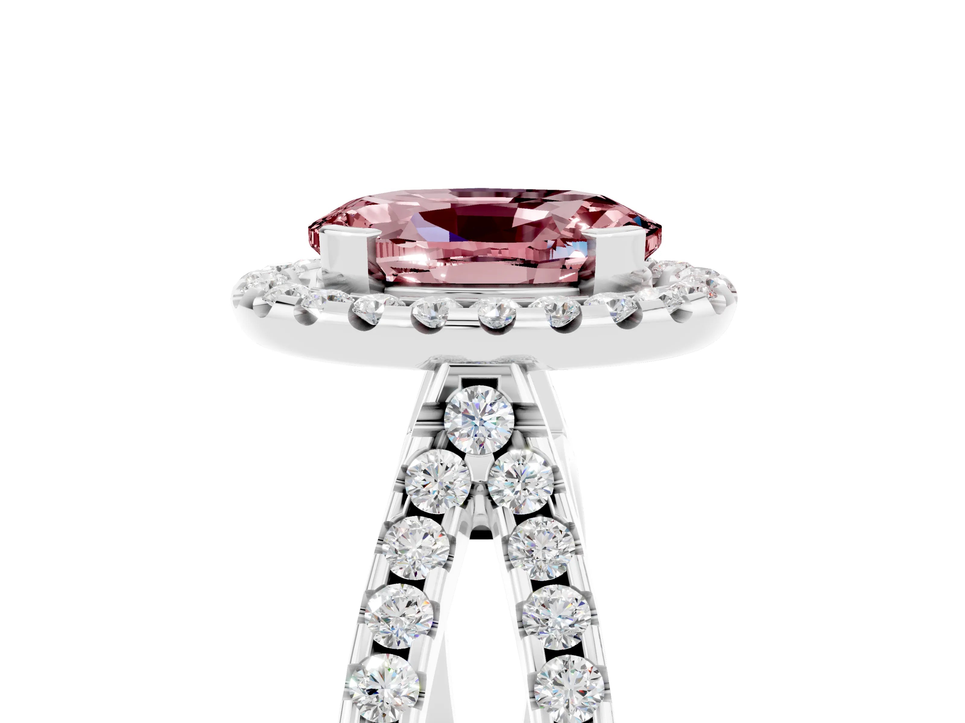 White gold Oval Cut Morganite Halo Ring with Split Shank Pavé Band and Prong Setting_5