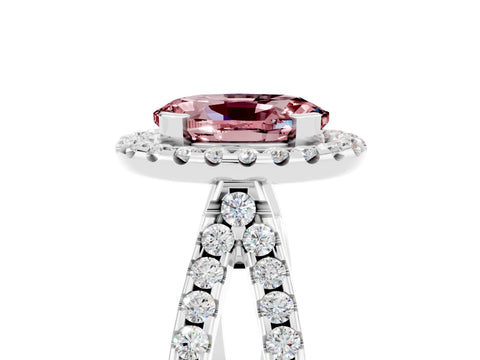 White gold Oval Cut Morganite Halo Ring with Split Shank Pavé Band and Prong Setting_5