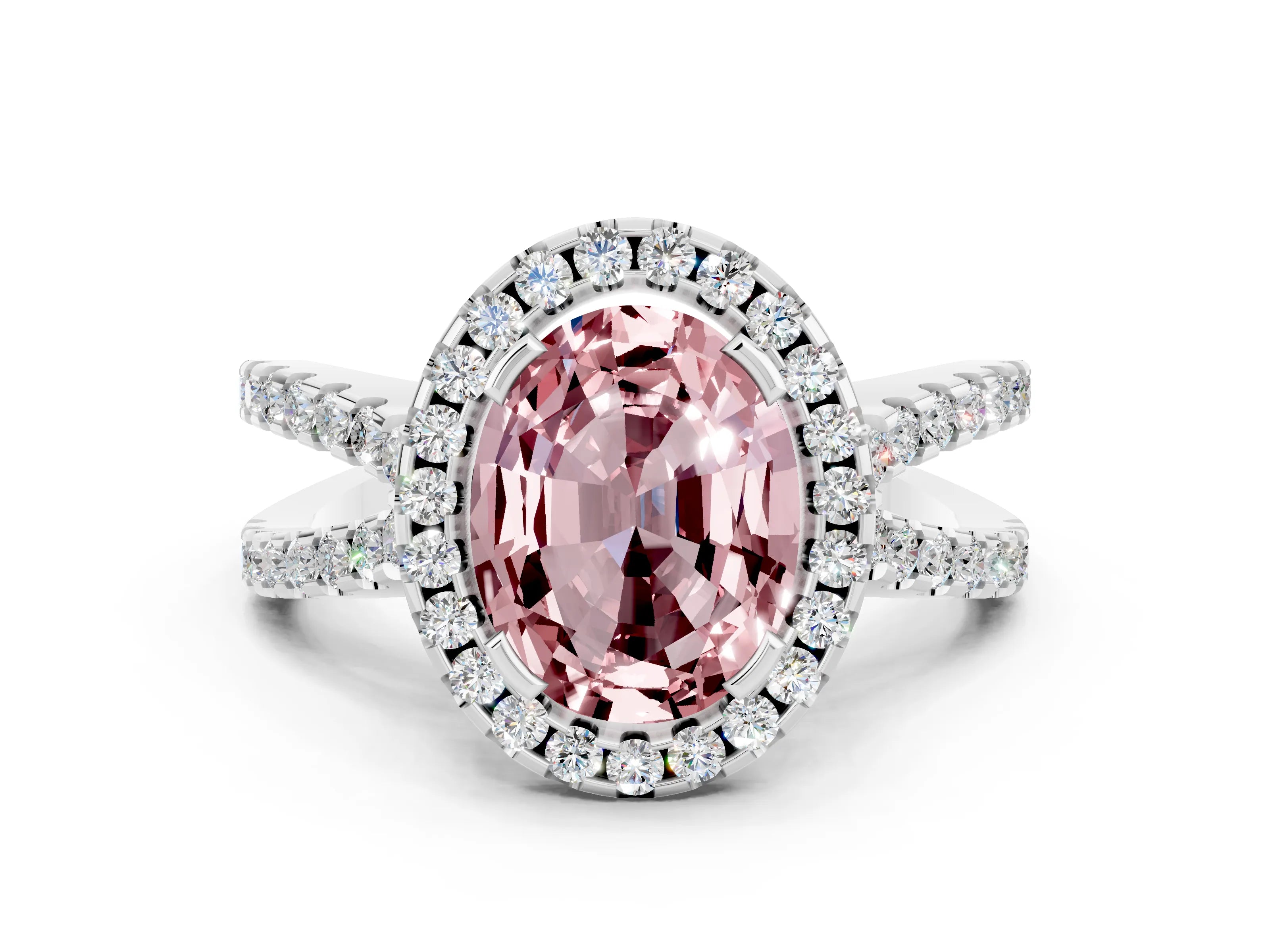 White gold Oval Cut Morganite Halo Ring with Split Shank Pavé Band and Prong Setting