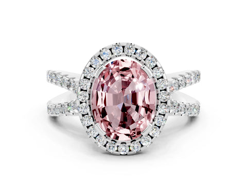 White gold Oval Cut Morganite Halo Ring with Split Shank Pavé Band and Prong Setting