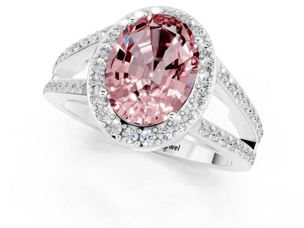Platinum Oval Cut Morganite Halo Ring with Split Shank U-Prong Band and Four-Prong Setting