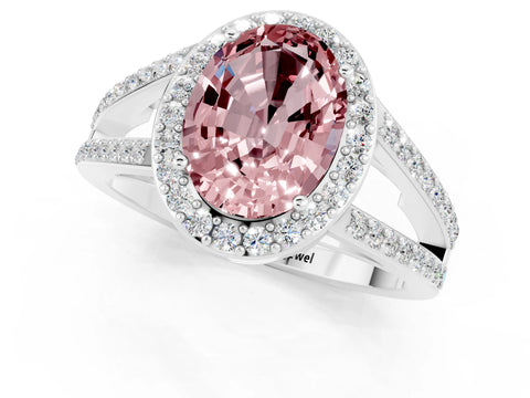 White gold Oval Cut Morganite Halo Ring with Split Shank U-Prong Band and Four-Prong Setting_1