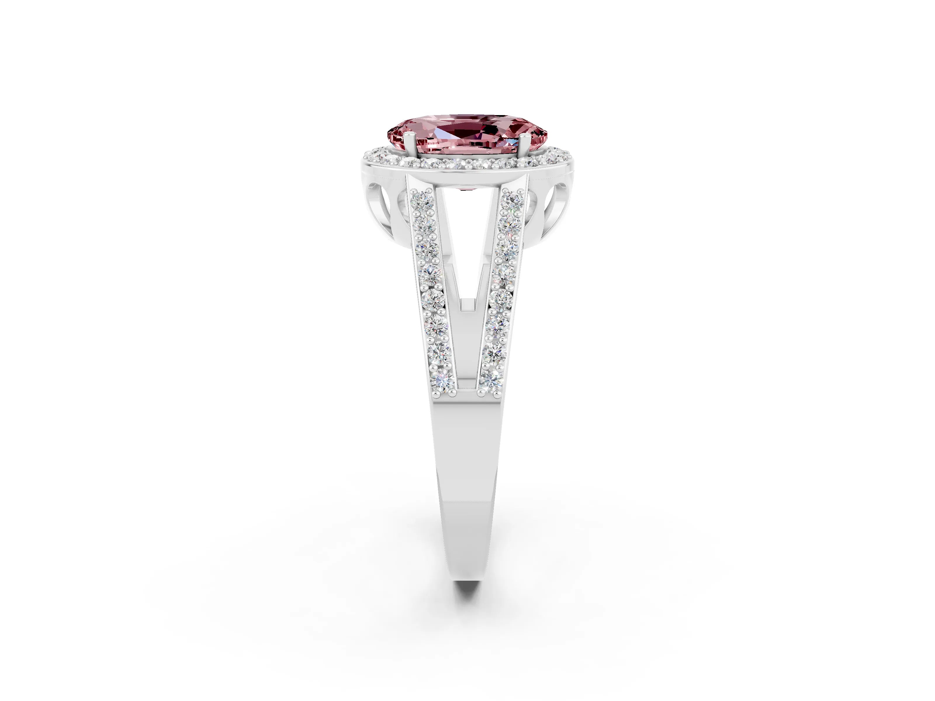 White gold Oval Cut Morganite Halo Ring with Split Shank U-Prong Band and Four-Prong Setting_2