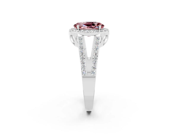 White gold Oval Cut Morganite Halo Ring with Split Shank U-Prong Band and Four-Prong Setting