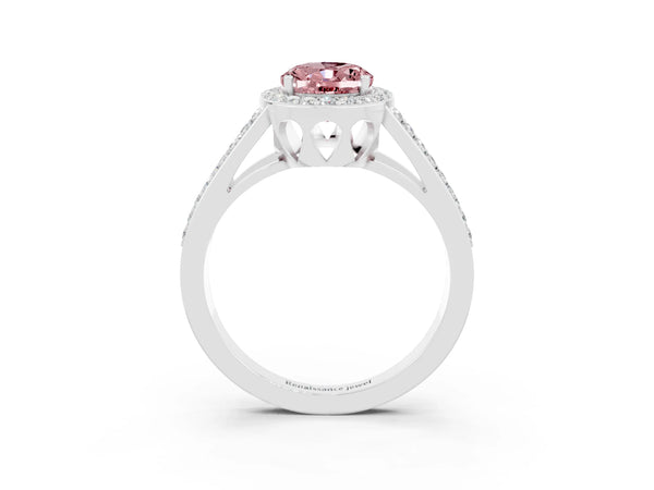 Silver Oval Cut Morganite Halo Ring with Split Shank U-Prong Band and Four-Prong Setting