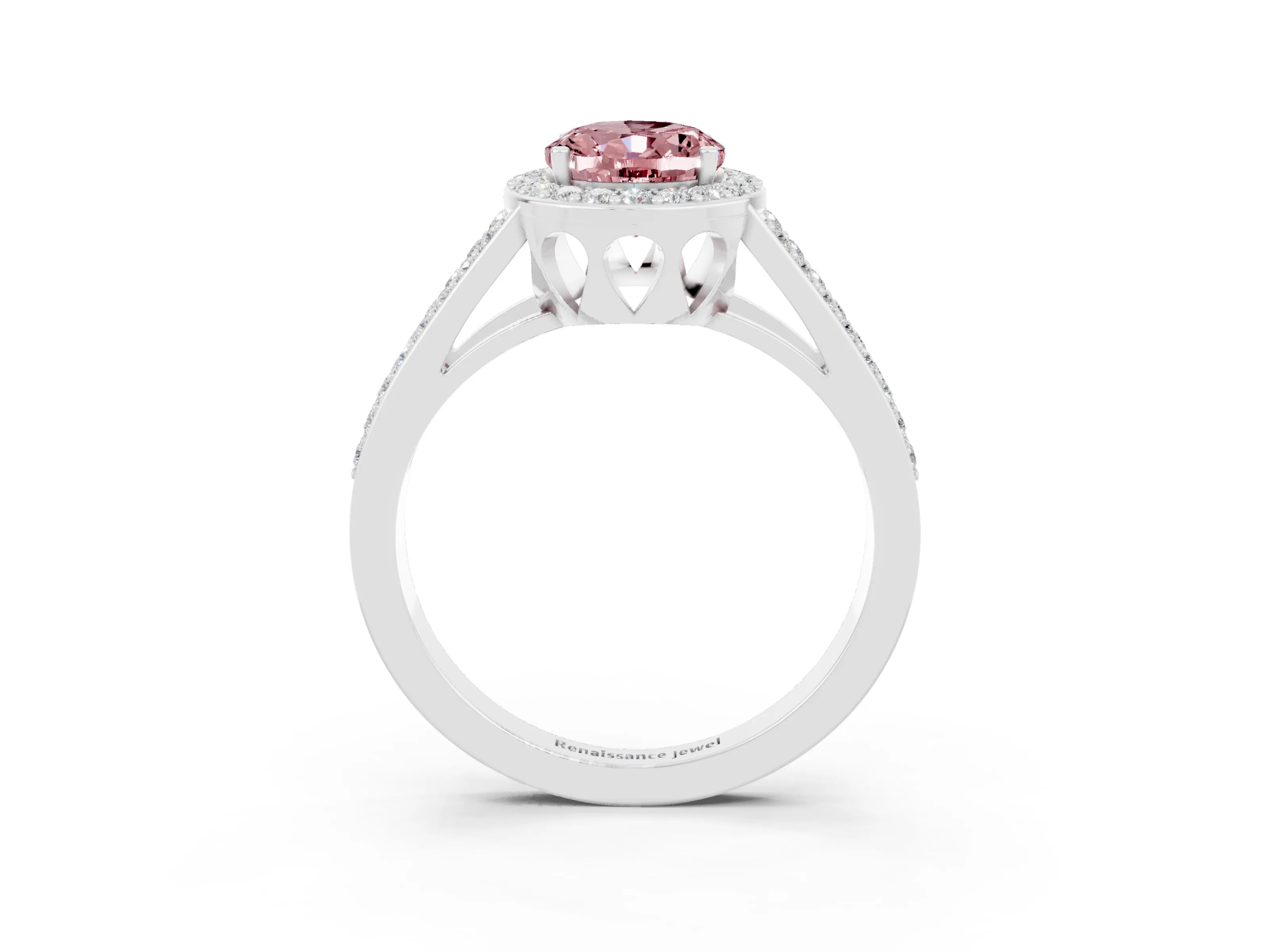 White gold Oval Cut Morganite Halo Ring with Split Shank U-Prong Band and Four-Prong Setting_3
