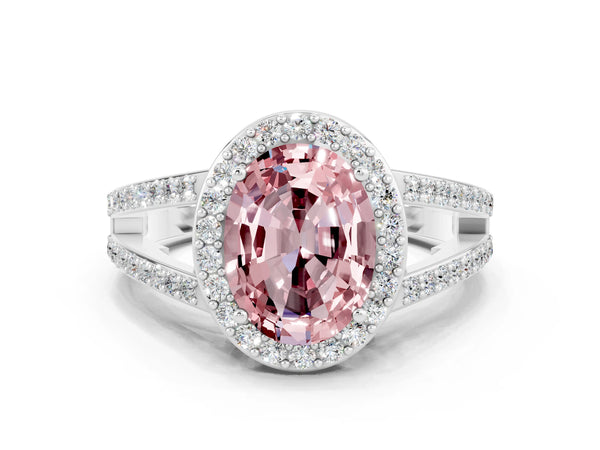 White gold Oval Cut Morganite Halo Ring with Split Shank U-Prong Band and Four-Prong Setting